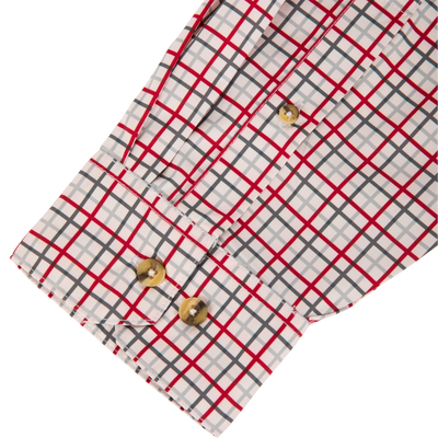Close-up of a Lifestyle Frat Tattersall Button-Down Long Sleeve Shirt cuff in a white, red, and grey grid pattern with two buttons.