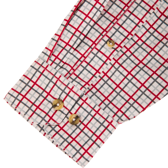 Close-up of a Lifestyle Frat Tattersall Button-Down Long Sleeve Shirt cuff in a white, red, and grey grid pattern with two buttons.