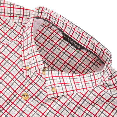 Lifestyle Frat Tattersall Button-Down Long Sleeve Shirt in white with a red and grey tattersall check pattern, featuring a button-down collar and a size large neck label.