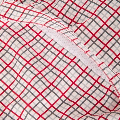 Close-up of a Lifestyle Frat Tattersall Button-Down Long Sleeve Shirt in a red, gray, and white grid pattern with a stitched placket.