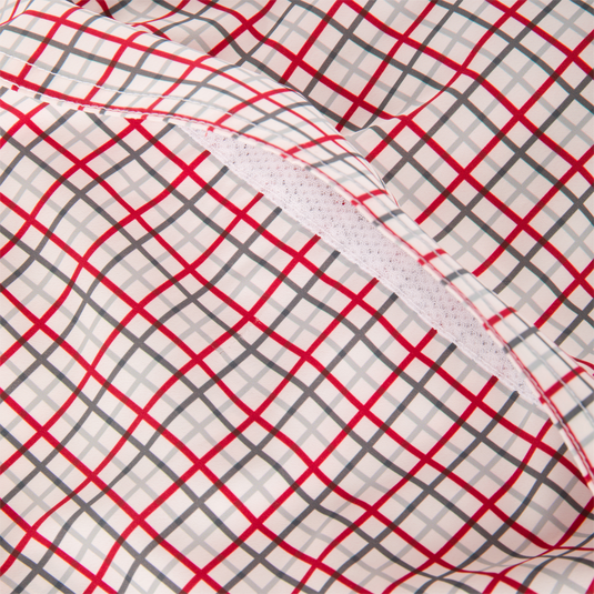 Close-up of a Lifestyle Frat Tattersall Button-Down Long Sleeve Shirt in a red, gray, and white grid pattern with a stitched placket.