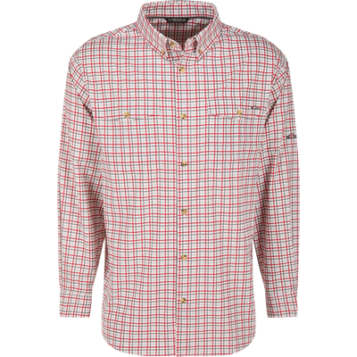 Lifestyle Frat Tattersall Button-Down Long Sleeve Shirt in a white, gray, and red check pattern, featuring two chest pockets and moisture-wicking fabric.