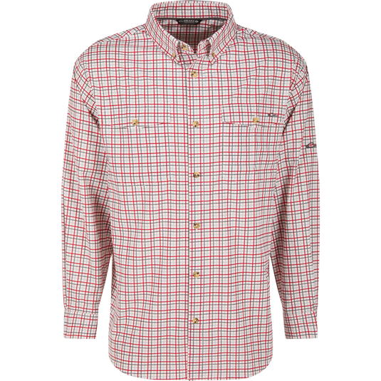 Lifestyle Frat Tattersall Button-Down Long Sleeve Shirt in a white, gray, and red check pattern, featuring two chest pockets and moisture-wicking fabric.