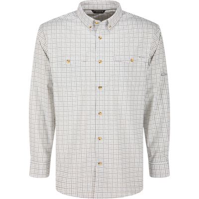 Light gray Lifestyle Frat Tattersall Button-Down Long Sleeve Shirt featuring a dark grid pattern, a button-down collar, and two chest pockets.