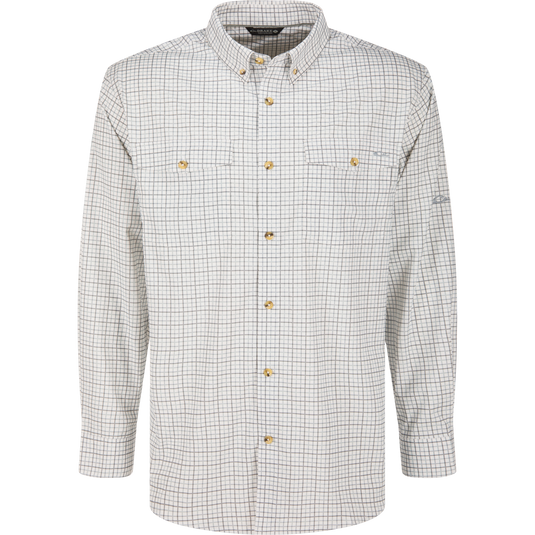 Light gray Lifestyle Frat Tattersall Button-Down Long Sleeve Shirt featuring a dark grid pattern, a button-down collar, and two chest pockets.