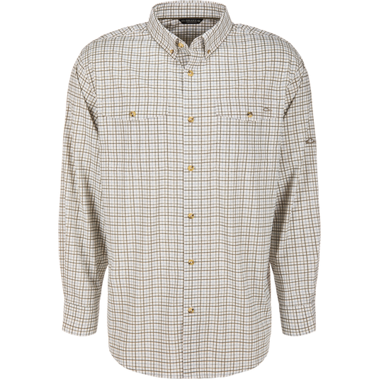 Lifestyle Frat Tattersall Button-Down Long Sleeve Shirt in an olive and white check pattern, featuring a button-down collar and two button-flap chest pockets.