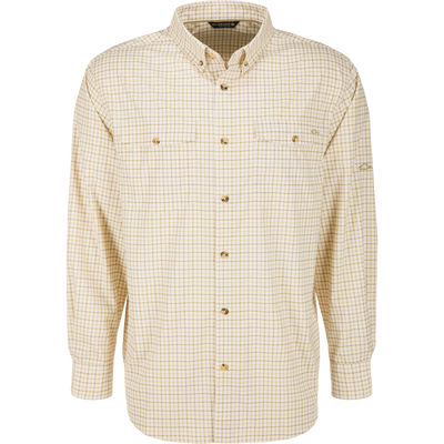 Lifestyle Frat Tattersall Button-Down Long Sleeve Shirt in a tan and olive green check pattern, featuring a button-down collar and two chest pockets.