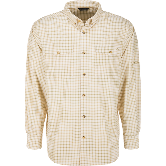 Lifestyle Frat Tattersall Button-Down Long Sleeve Shirt in a tan and olive green check pattern, featuring a button-down collar and two chest pockets.