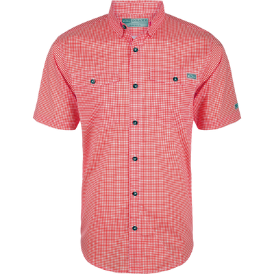 Frat Gingham Check Shirt S/S with button-down collar, two chest pockets, and vented back, designed for performance with moisture-wicking, quick-dry fabric, and UPF 30 protection.