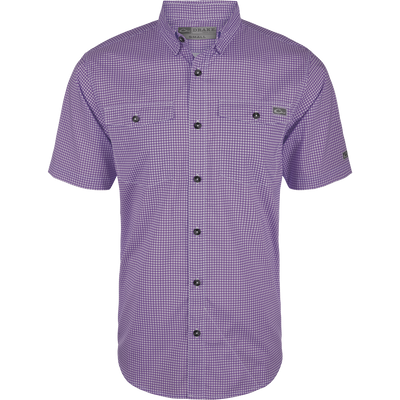 Frat Gingham Check Shirt S/S featuring a button-down collar, vented cape back, and two chest pockets; designed for comfort and performance with moisture-wicking fabric.