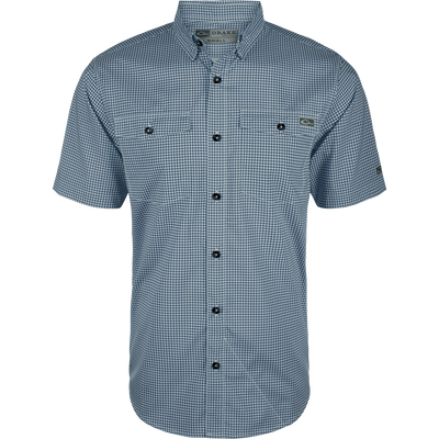 Frat Gingham Check Shirt S/S featuring a classic fit, hidden button-down collar, chest pockets, and vented cape back, ideal for active, casual outdoor wear.