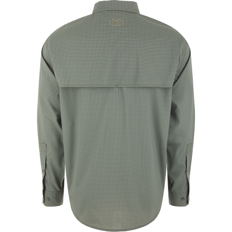 Back view of the Drake Frat Gingham Check Button-Down Long Sleeve Shirt, featuring a micro-check pattern, vented cape back, and buttoned cuffs for versatile outdoor use.