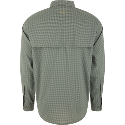 Back view of the Drake Frat Gingham Check Button-Down Long Sleeve Shirt, featuring a micro-check pattern, vented cape back, and buttoned cuffs for versatile outdoor use.