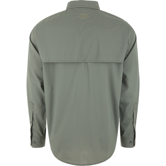 Back view of the Drake Frat Gingham Check Button-Down Long Sleeve Shirt, featuring a micro-check pattern, vented cape back, and buttoned cuffs for versatile outdoor use.