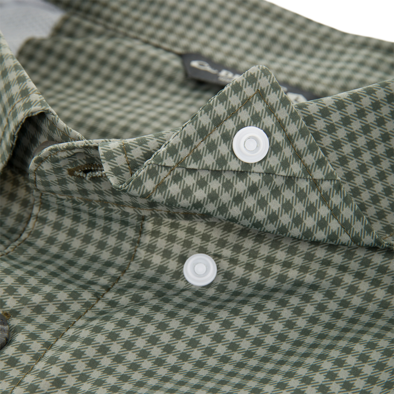 Close-up of Frat Gingham Check Button-Down Long Sleeve Shirt's collar showcasing green-and-tan houndstooth fabric, white snap buttons, and top stitching.