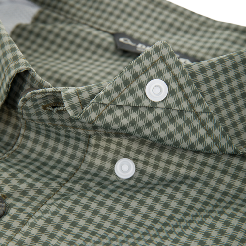 Close-up of Frat Gingham Check Button-Down Long Sleeve Shirt's collar showcasing green-and-tan houndstooth fabric, white snap buttons, and top stitching.
