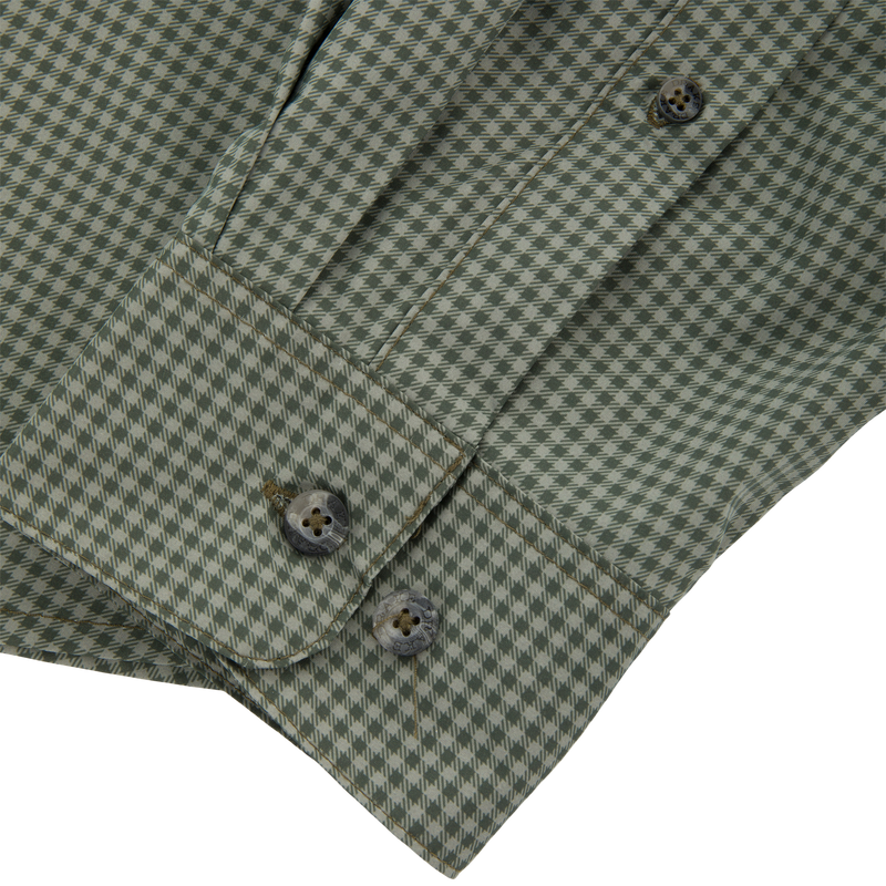 Close-up of the Frat Gingham Check Button-Down Long Sleeve Shirt cuff, showcasing green-and-off-white houndstooth fabric, two grey buttons, and precise placket stitching.