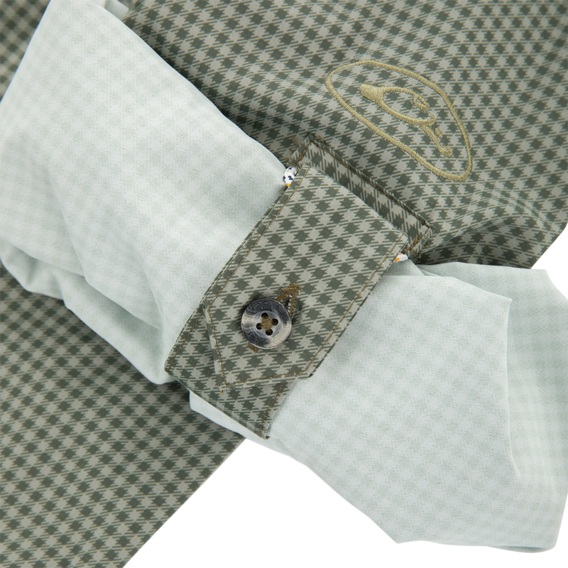 Close-up of Frat Gingham Check Button-Down Long Sleeve Shirt cuff with houndstooth pattern, showcasing button detail and matching necktie fabric swatch.