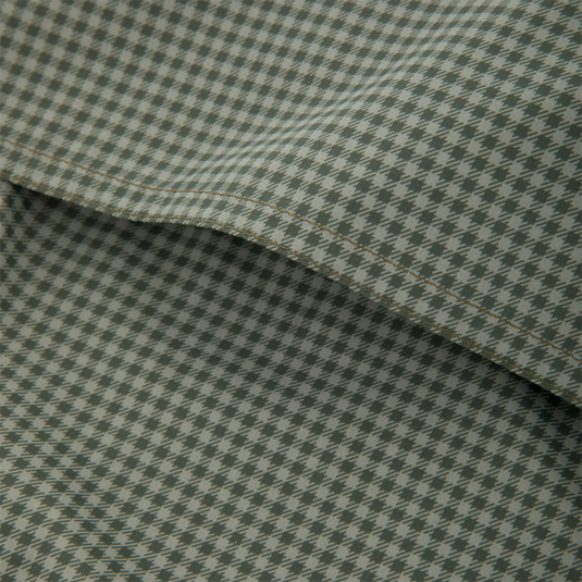 Close-up of the Drake Frat Gingham Check Button-Down Long Sleeve Shirt, featuring olive green houndstooth fabric with visible stitching, highlighting its refined craftsmanship.