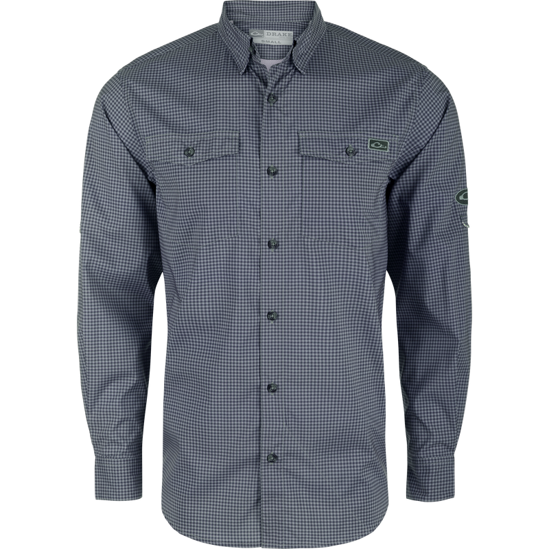 Frat Gingham Check Button-Down Long Sleeve Shirt with button-down collar, chest pockets, and adjustable sleeves, designed for comfort and functionality in outdoor activities.