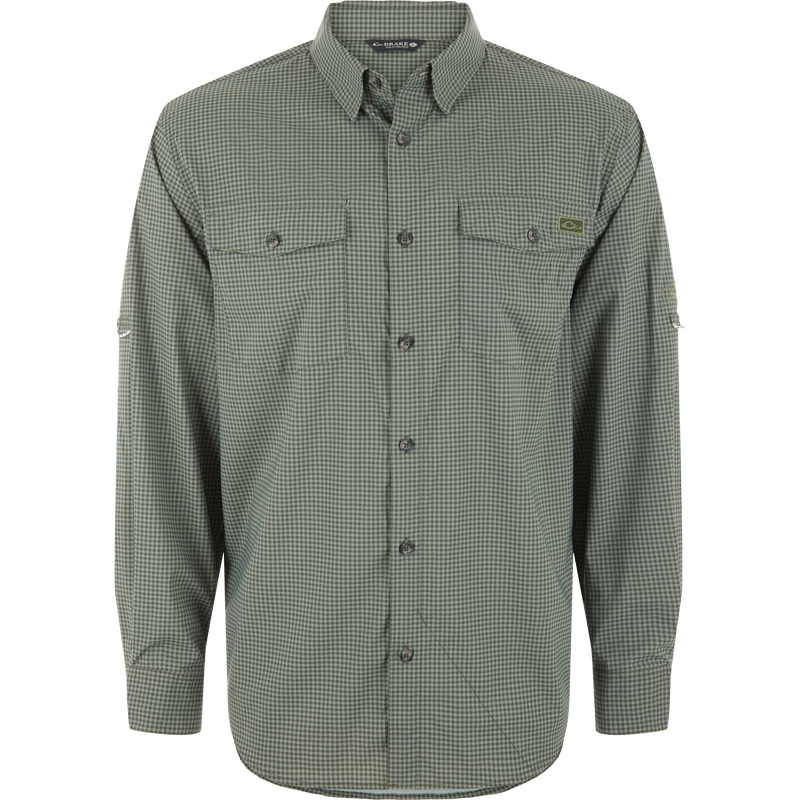 Drake Frat Gingham Check Button-Down Long Sleeve Shirt styled on a mannequin, featuring roll-up sleeves, two flap pockets, and a vented cape back.