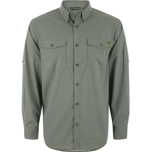 Drake Frat Gingham Check Button-Down Long Sleeve Shirt styled on a mannequin, featuring roll-up sleeves, two flap pockets, and a vented cape back.