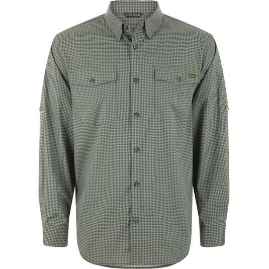 Drake Frat Gingham Check Button-Down Long Sleeve Shirt styled on a mannequin, featuring roll-up sleeves, two flap pockets, and a vented cape back.