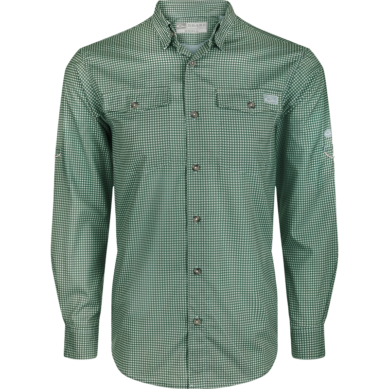 Frat Gingham Check Shirt L/S: Lightweight, moisture-wicking shirt with UPF30 sun protection. Classic fit, hidden button-down collar, and vented cape back. Two chest pockets and adjustable roll-up sleeves with tab holder. Sculpted hem and built-in sunglass wipe.