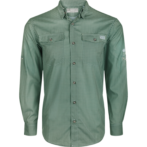 Frat Gingham Check Shirt L/S: Lightweight, moisture-wicking shirt with UPF30 sun protection. Classic fit, hidden button-down collar, and vented cape back. Two chest pockets and adjustable roll-up sleeves with tab holder. Sculpted hem and built-in sunglass wipe.