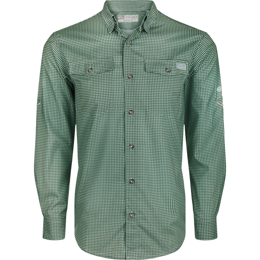 Frat Gingham Check Shirt L/S: Lightweight, moisture-wicking shirt with UPF30 sun protection. Classic fit, hidden button-down collar, and vented cape back. Two chest pockets and adjustable roll-up sleeves with tab holder. Sculpted hem and built-in sunglass wipe.