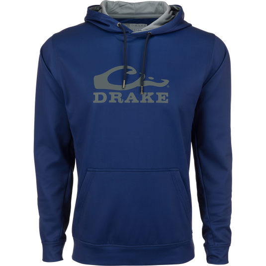 Alt text: Drake Performance Stacked Logo Hoodie with grey text, featuring a kangaroo pocket and adjustable hood.