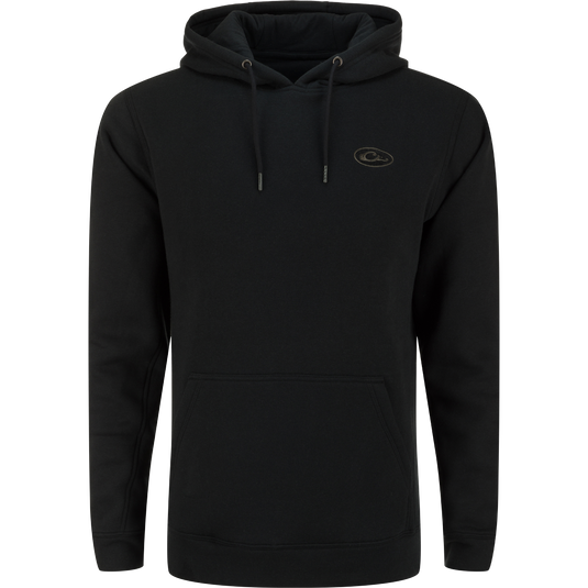 A high-quality Drake Three End Logo Hoodie in black, featuring a logo, kangaroo pocket, and lined hood with drawstrings. Ideal for outdoor activities and casual wear.