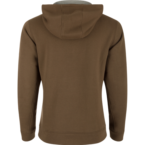 A durable Three End Logo Hoodie from Drake Waterfowl, ideal for outdoor adventures. Features a kangaroo pocket and adjustable hood for comfort and warmth.