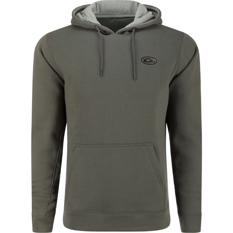 A durable Three End Hoodie by Drake Waterfowl, blending cotton and polyester for comfort. Features a kangaroo pocket and adjustable hood for versatile wear.