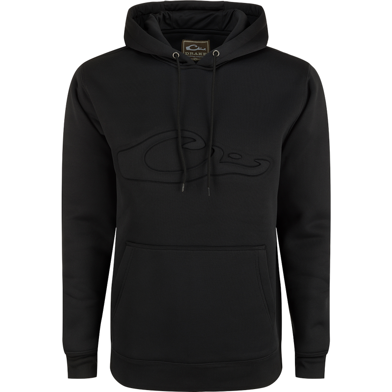 A durable Back Eddy Embossed Logo Hoodie from Drake Waterfowl, crafted from 100% polyester with DWR coating for light rain protection. Features kangaroo pocket and adjustable hood for outdoor comfort.