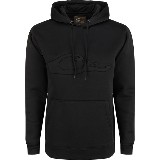 A durable Back Eddy Embossed Logo Hoodie from Drake Waterfowl, crafted from 100% polyester with DWR coating for light rain protection. Features kangaroo pocket and adjustable hood for outdoor comfort.