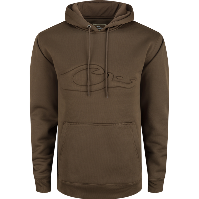 A durable Back Eddy Embossed Logo Hoodie by Drake Waterfowl, featuring a raised logo, DWR coating, kangaroo pocket, and adjustable hood. Ideal for hunting and outdoor activities.