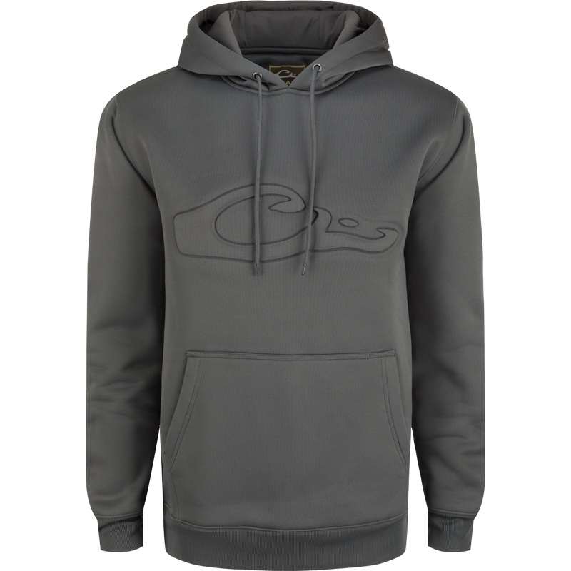 A durable Back Eddy Embossed Logo Hoodie by Drake Waterfowl, featuring a raised logo, DWR finish, kangaroo pocket, and adjustable hood. Ideal for outdoor activities.