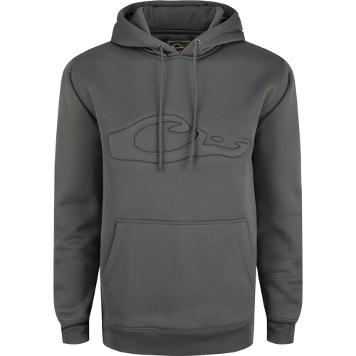 A durable Back Eddy Embossed Logo Hoodie by Drake Waterfowl, featuring a raised logo, DWR finish, kangaroo pocket, and adjustable hood. Ideal for outdoor activities.