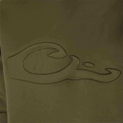 Back Eddy Embossed Hoodie with raised Drake logo, stretchy polyester, water-resistant finish, kangaroo pocket, and adjustable hood designed for durability and comfort.