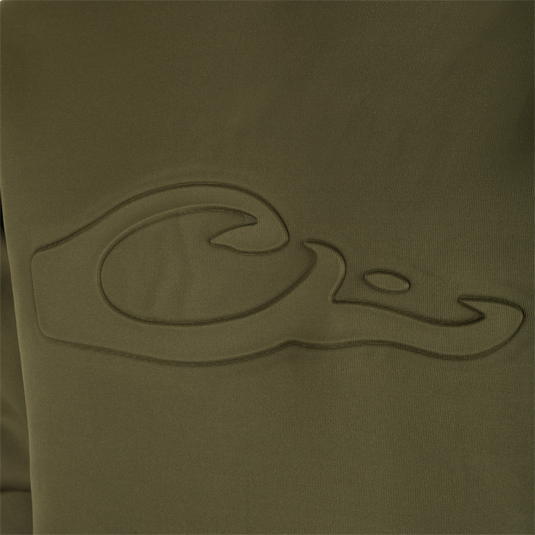 Back Eddy Embossed Hoodie with raised Drake logo, stretchy polyester, water-resistant finish, kangaroo pocket, and adjustable hood designed for durability and comfort.
