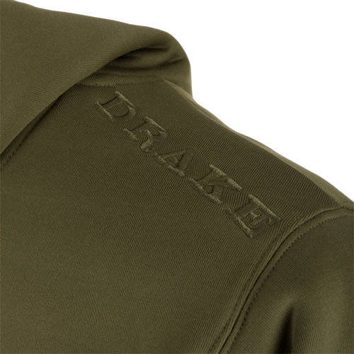 Back Eddy Embossed Hoodie featuring a raised logo, kangaroo pocket, and lined hood with drawstrings, showcasing water-resistant and stretchy polyester material, ideal for outdoor activities.