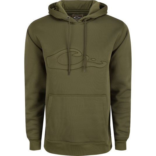 A durable Back Eddy Embossed Logo Hoodie by Drake Waterfowl, crafted from 100% polyester with DWR coating for light rain protection. Features kangaroo pocket and adjustable hood for outdoor comfort.