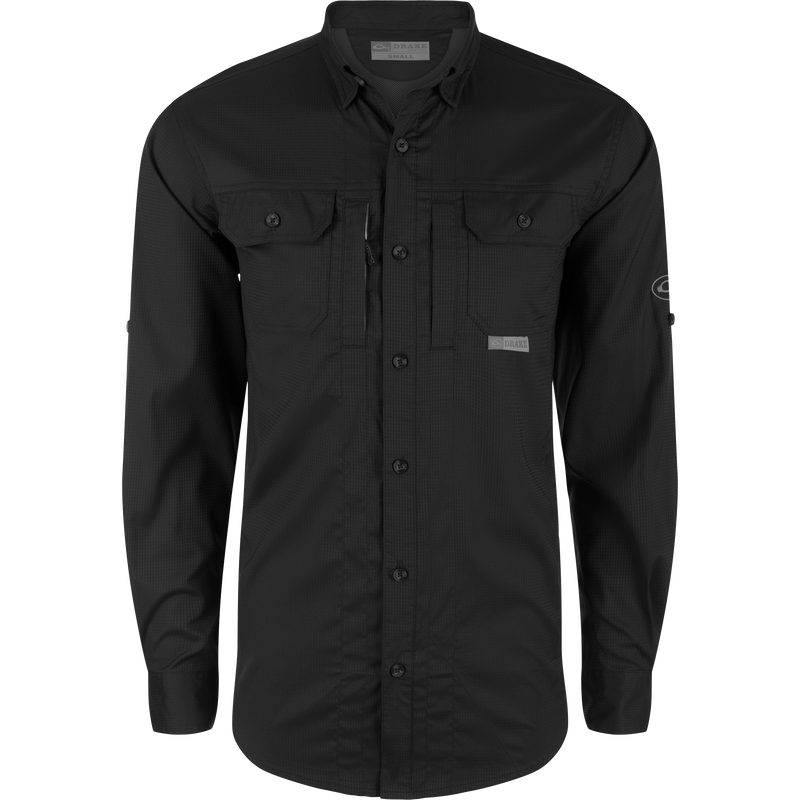 Close-up of the Wingshooter's Trey Dobby Button-Down Long Sleeve Shirt, highlighting the textured fabric, hidden button-down collar, and vented cape back for enhanced performance.
