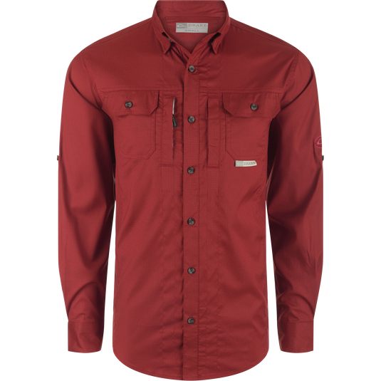 Close-up of the Wingshooter's Trey Dobby Button-Down Long Sleeve Shirt, highlighting its textured fabric, hidden button-down collar, and vented back, suitable for performance and casual wear.