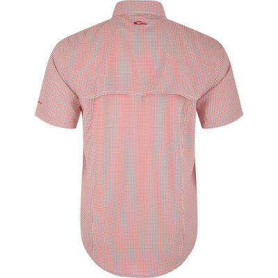 Back view of the Wingshooters Trey Grid Check Short Sleeve Shirt, featuring a red-and-white grid pattern, yoke with pleat, and sculpted hem.