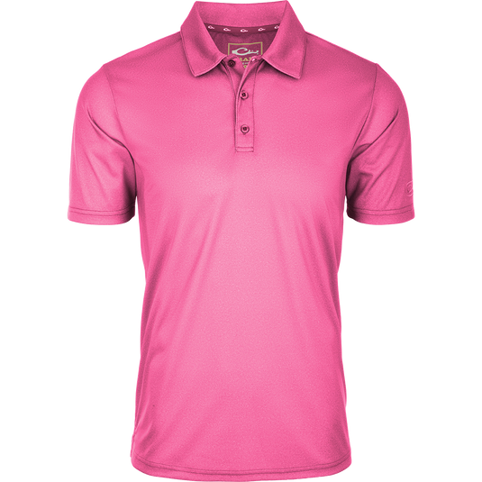 Performance Heather Polo S/S with a three-button placket, textured weave, and split tail hem, designed for comfort and mobility with moisture-wicking polyester.
