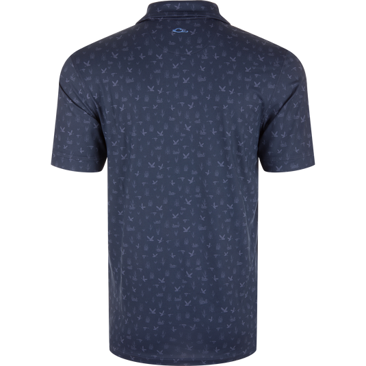 Marsh Duck Polo featuring a dark navy, bird-and-reeds pattern with a simple knit collar and contrasting logo, ideal for golf or casual wear.