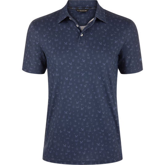 Marsh Duck Polo: Men's navy short-sleeve polo with flying birds and marsh-grass pattern, classic collar, two-button placket, ideal for casual or smart-casual wear.