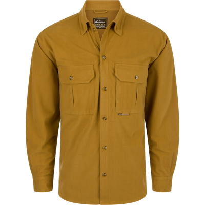A comfortable Three Pocket Micro-Fleece Shirt for outdoor enthusiasts. Features a button-down collar, two chest pockets, and a hidden Magnattach™ pocket. Made of 240-gram brushed micro-fleece fabric. Perfect for fall and winter. Final sale item.